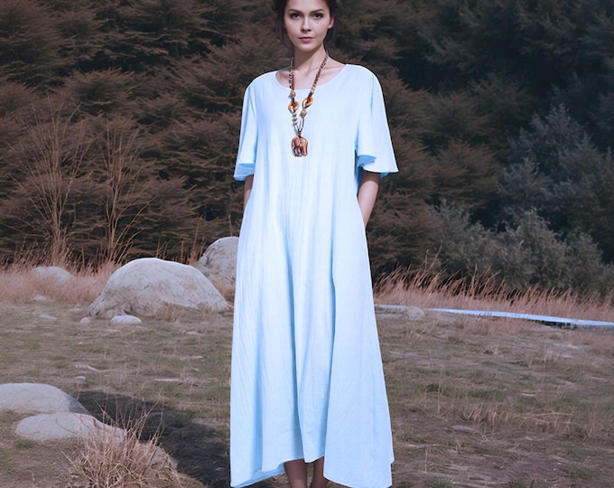 Anysize soft linen cotton Lotus leaf sleeves summer loose dress with side pockets plus size dresss plus size clothing F141Q