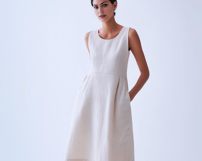Anysize custom pleated 100% linen dress with side pockets sleeveless plus size dress plus size clothing F44YL