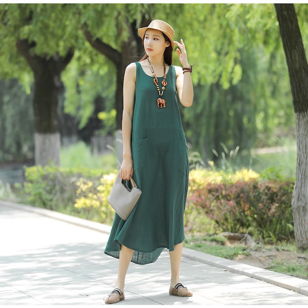 Anysize sleeveless jumper dress  summer comfortable fabric loose dress for ladies with front pockets plus size clothing T117A