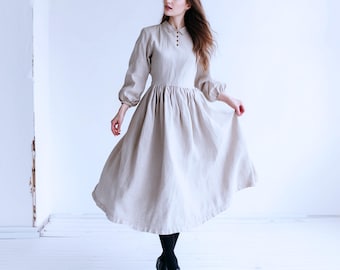 Anysize custom linen cotton long sleeves maxi dress with pocket elasticband cuff spring fall retro plus size clothing pluse size dress F69PN