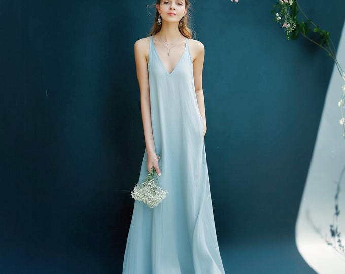 Anysize custom 100% linen V-neck sleeveless loose maxi dress with side pockets spring summer plus size dress plus size clothing F50AL