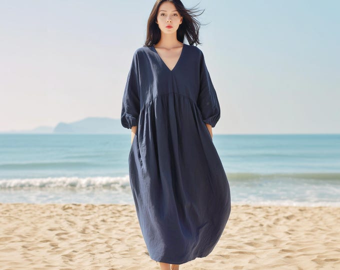 Anysize custom V-neck 100% linen maxi dress with 3/4 sleeves side pockets retro loose spring summer plus size dress plus size clothing F70RL