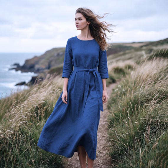 quality cotton linen dress 2018 Anysize Custom 100% With 3/4 Sleeves Belted Side Pockets Retro Spring Summer Plus Ssize Dress Plus Size Clothing F89TL pantalons cinched fit that enhances Size:S/44 Ruffle Dress Black | Loose linen