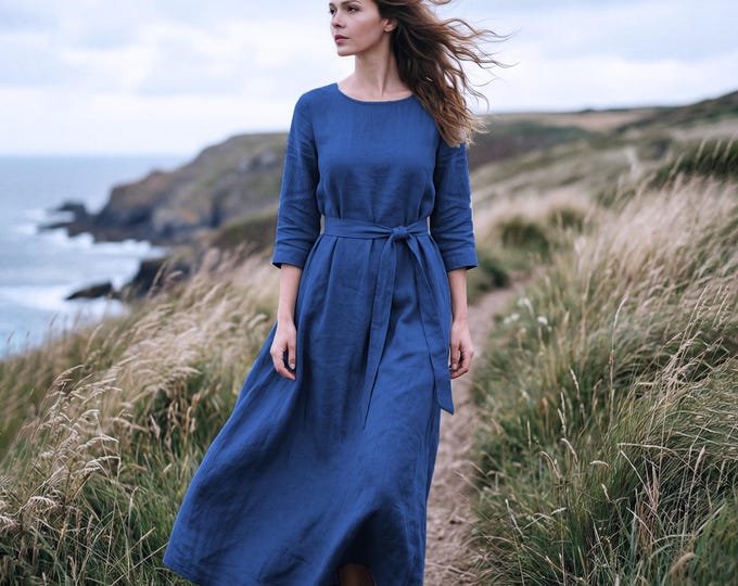 Anysize Custom 100% Linen Dress With 3/4 Sleeves Belted Side Pockets Retro Spring Summer Plus Ssize Dress Plus Size Clothing F89TL