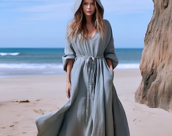 Anysize custom linen cotton maxi dress hooded V-neck dress with side pockets spring fall winter plus size dress plus size clothing F363N