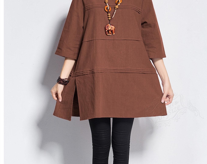 Anysize right slit side pockets linen cotton dress plus size dress plus size tops plus size clothing spring fall dress Y219N