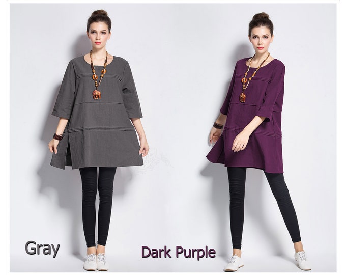 Anysize 100% linen with side pockets hem slit design plus size dress plus size tops plus size clothing spring summer dress F419L