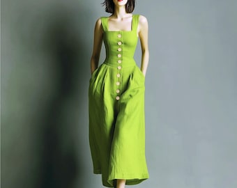 Anysize custom 100% linen sleeveless maxi dress with side pockets buttoned up dress spring summer plus size dress plus size clothing F45DL