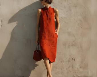 Anysize custom collared 100% linen dress with side pockets buttoned sleeveless plus size dress plus size clothing F42YL