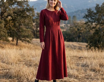 Anysize Custom Linen Cotton Maxi Dress Waist Pleated Long Sleeve Dress With Pockets A Line Fall Winter Plus Size Dress F74HN