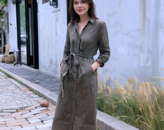 Anysize custom 100% linen shirt dress hidden buttons belted dress with pockets spring summer fall plus size dress plus size clothing F478L