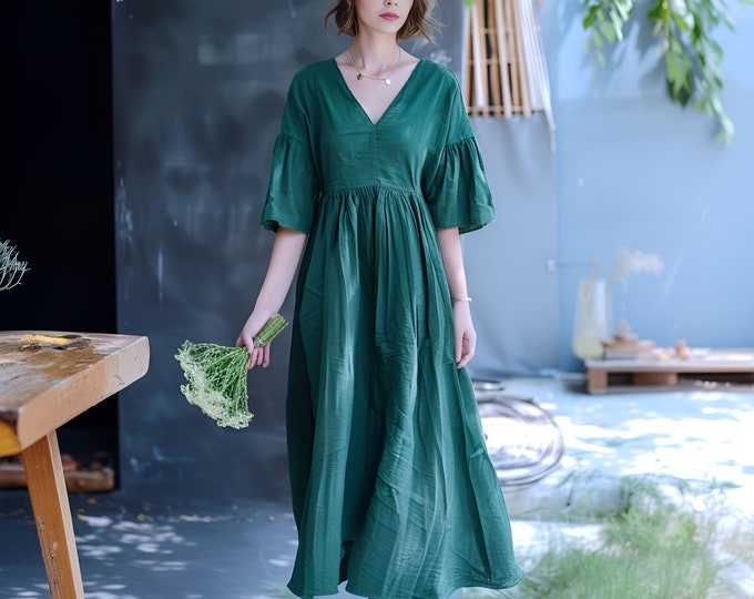 Anysize custom V-neck maxi dress 100% linen with 3/4 sleeves side pockets pleated retro loose spring summer plus size dress F486L