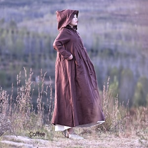 Anysize 100% linen hooded coat with handmade buttons retro spring fall maxi windbreaker jacket plus size clothing plus size coat F358L