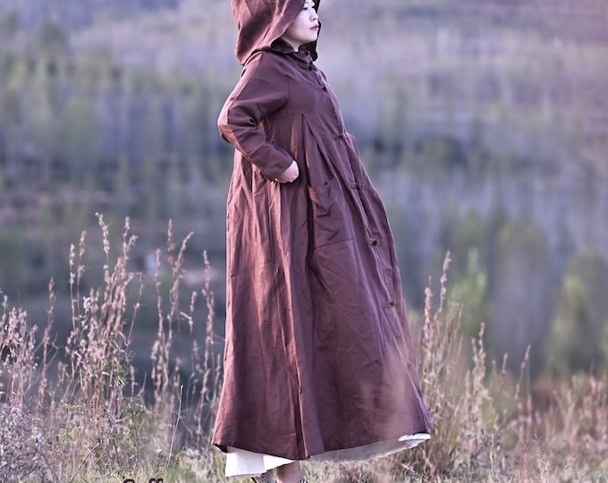 Anysize 100% linen hooded coat with handmade buttons retro spring fall maxi windbreaker jacket plus size clothing plus size coat F358L