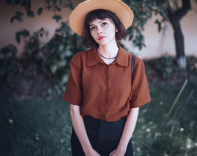 Anysize custom 100% linen shirt collared tops buttoned short sleeves loose blouse summer plus size tops plus size clothing F27DL