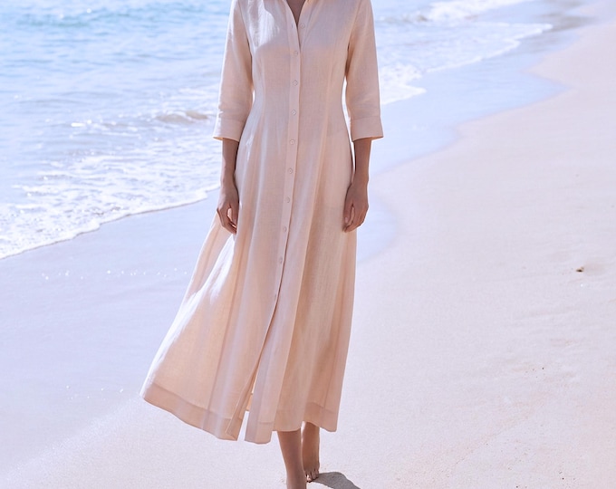 Anysize Custom 100% Linen Shirt Dress With Buttons 3/4 Sleeves Side Pockets Spring Summer Plus Size Dress Plus Size Clothing F64TL