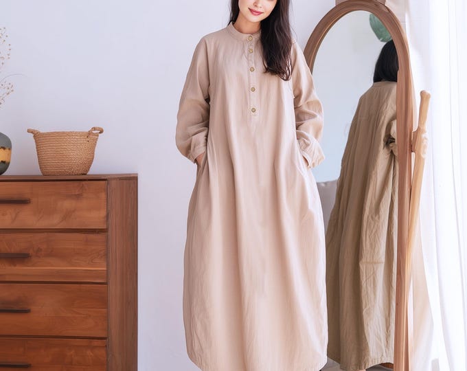Anysize linen cotton puff sleeves buttoned dress long sleeves with side pockets spring fall retro plus size dress plus size clothing F79YN