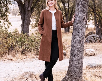 Anysize Custom Linen Cotton Long Coat Collarless Button Front Jacket With Pockets Back Slit Plus Size Women Clothing F14HN