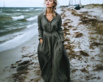 Anysize custom maxi dress with functional buttons side pockets cotton linen spring fall winter plus size dress plus size clothing F79PN