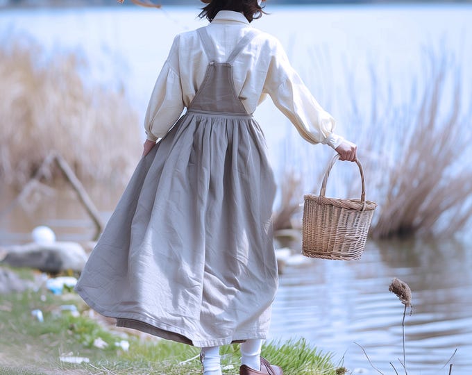 Anysize custom overall cotton linen dress loose apron with side pockets spring fall plus size dress plus size clothing F554N