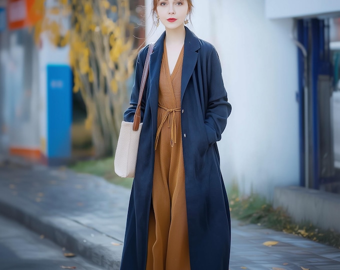 Anysize custom thick linen cotton coat long sleeves with pockets collared jacket spring fall plus size coat plus size clothing F653N