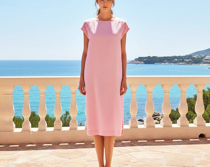 Anysize Custom 100% Linen Midi Dress Cap Sleeve Minimal Dress Straight Linen Summer Dress Plus Size Dress Plus Size Clothing F64UL