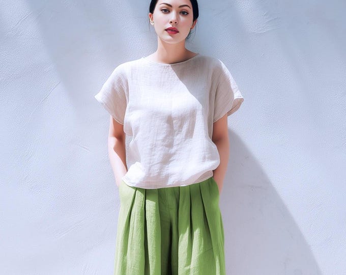 Anysize custom 100% linen tops round neck shirt loose tops short sleeves linen blouse summer plus size tops plus size clothing F68JL