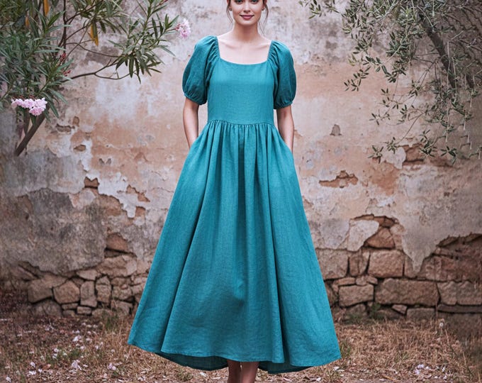Anysize Custom 100% Linen Dress Square Neck Puff Sleeve Dress A Line Summer Dress with Pockets Plus Size Dress Plus Size Clothing F50UL
