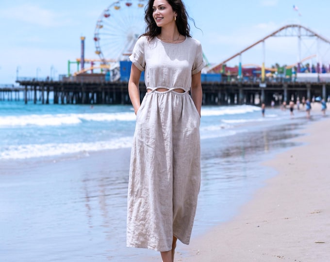 Anysize Custom 100% Linen Dress Cutout Waist Dress Tie Back Short Sleeve Dress With Side Pockets Plus Size Summer Dress F73VL