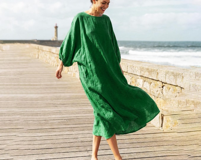 Anysize Custom 100% Linen Bat Sleeves Dress With Elastic Cuff Spring Summer Plus Size Dress  Oversized Dress Plus Size Clothing F1UL