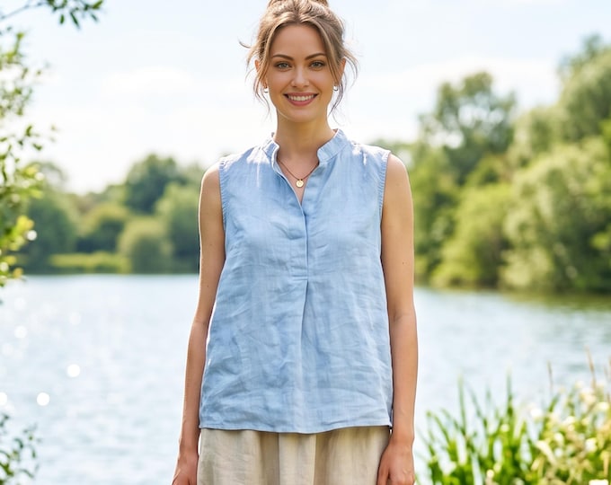 Anysize Custom 100% Linen Sleeveless Top Women Minimalist Linen Blouse Stand collar V Neck Summer Top Casual Linen Shirt F57WL