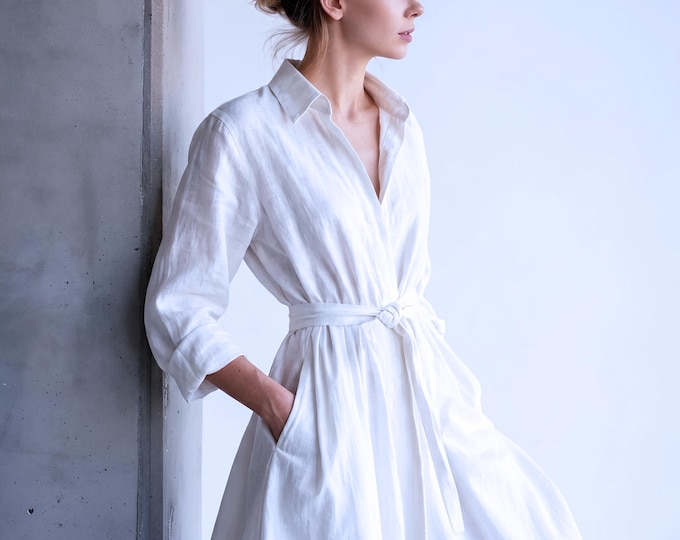 Anysize custom shirt collar 100% linen maxi dress with pockets spring summer fall plus size dress plus size clothing F402L