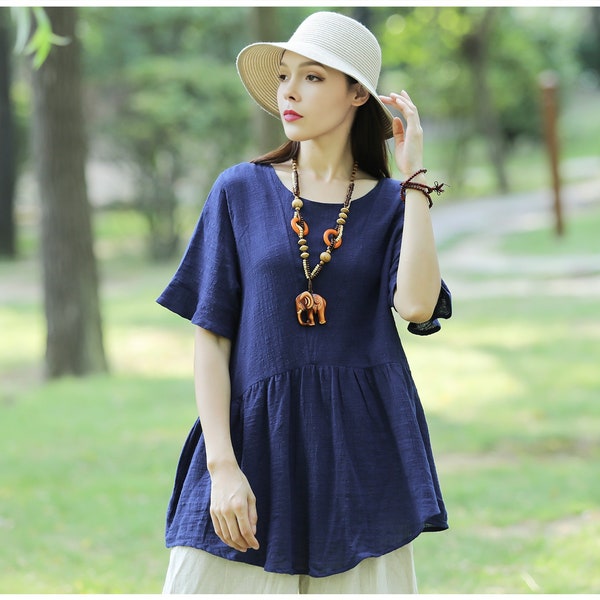 Anysize summer tops flowy swing tops for ladies breathable plus size clothing soft linen cotton shirt T137A