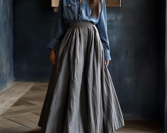 Anysize custom back elastic waist maxi skirt with pockets plus size linen cotton skirt spring fall retro plus size clothing F851N