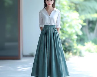 Anysize custom classic linen cotton skirt with elastic waist side pockets spring fall plus size skirt plus size clothing F633N