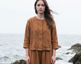 Anysize Custom Tops With Hidden Buttoned 3/4 Sleeves Tops Linen Cotton Spring Fall Loose Shirt Plus Size Tops Plus Size Clothing F76TN