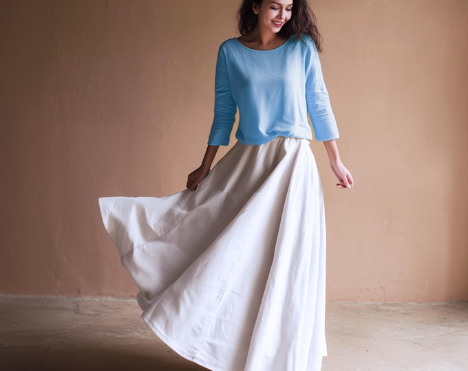 Anysize custom elastic waist maxi skirt with pockets plus size linen cotton skirt spring fall retro plus size clothing F91DN