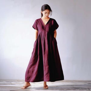 Anysize custom 100% linen dress with side pockets spring summer v neck loose dress plus size maxi dress plus size clothing F31JL