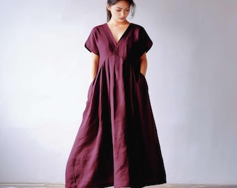Anysize custom 100% linen dress with side pockets spring summer v neck loose dress plus size maxi dress plus size clothing F31JL