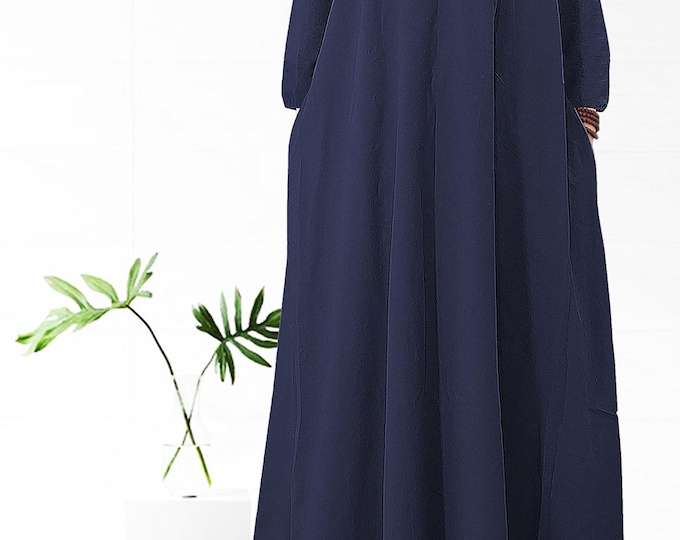 Anysize loose shirt dress spring fall winter linen cotton polo collar full skirt maxi dress plus size dress plus size clothing F325N