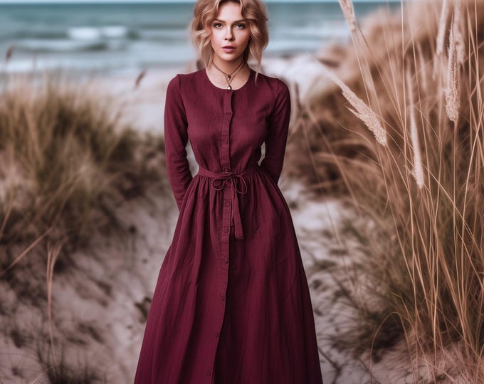 Anysize Plus Size Linen Cotton Shirt Dress with Pockets&Belt - Spring Fall Dress F63PN