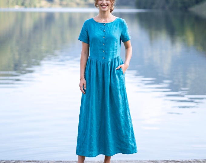 Anysize Custom 100% Linen Maxi Dress Button Front V Waist A-Line Dress High Waist Linen Dress Summer Dress with Pockets F16WL