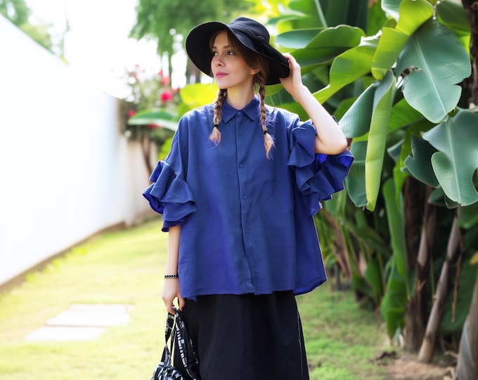Anysize custom 100% linen layered sleeves tops casual loose blouse plus size shirt spring summer plus size tops plus size clothing F28DL