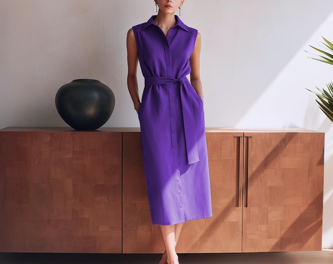 Anysize custom 100% linen shirt dress sleeveless loose dress with pockets buttoned summer plus size dress plus size clothing F86JL