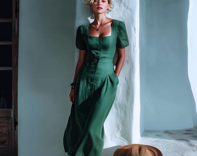 Anysize custom 100% linen buttoned dress short sleeves with side pockets spring summer plus size dress plus size clothing F48DL