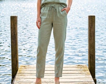 Anysize Custom 100% Linen Pants Women Drawstring Waist Pants Loose Linen Trousers Casual Summer Pants Elastic Waist Pants F62WL