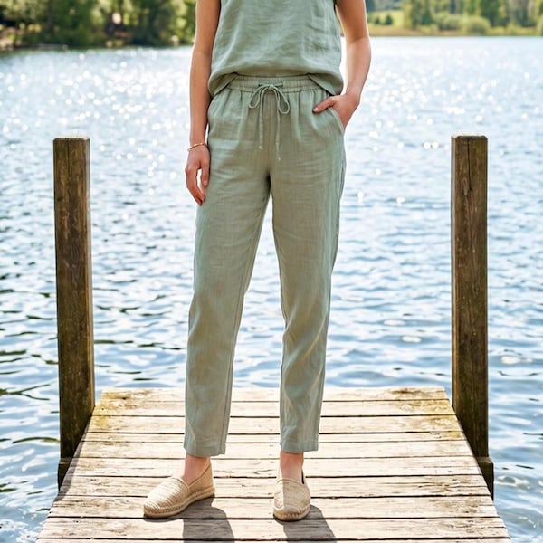 Anysize Custom 100% Linen Pants Women Drawstring Waist Pants Loose Linen Trousers Casual Summer Pants Elastic Waist Pants F62WL