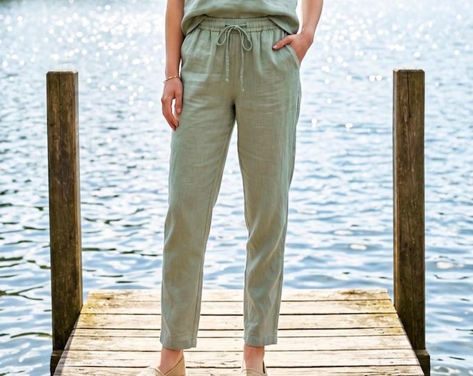 Anysize Custom 100% Linen Pants Women Drawstring Waist Pants Loose Linen Trousers Casual Summer Pants Elastic Waist Pants F62WL