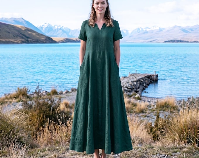 Anysize Custom 100% Linen Maxi Dress V Notch Neck Short Sleeve Dress Fitted Waist A-Line Casual Summer Dress with Pockets F78VL