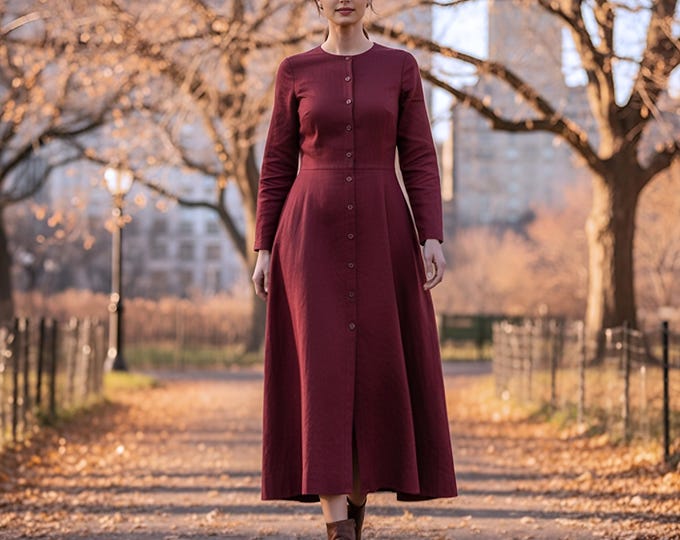 Anysize Custom Round Neck Dress With Functional Buttons Linen Cotton Plus Size Dress With Pockets Spring Fall Retro Plus Size Clothing F94SN